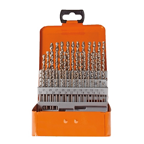 Oranje boorbox met veel metalen boren. Inscriptie met nummers.