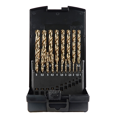 Bohrer-Set in schwarzer Box. Verschiedene Größen sind in einer Reihe angeordnet.