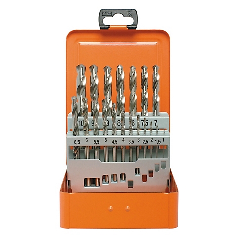 Bohrer-Set in orangefarbener Metallbox. Aufgereiht in einer grauen Halterung mit Größenangaben: 1 bis 10 mm.