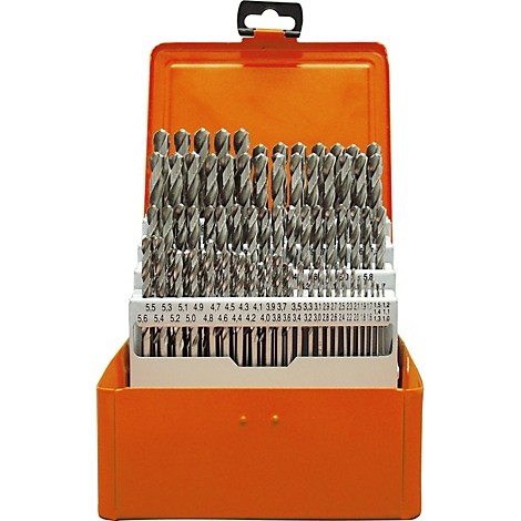 Orangene Bohrkassette mit vielen Bohrern. Beschriftung der Bohrergrößen.