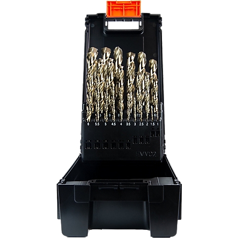 Bohrer-Set in schwarzer Box. Geöffnet mit Bohrer-Größenangaben. Orangefarbener Griff oben.