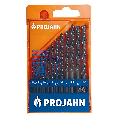 Bohrer-Set in Blisterverpackung. Schwarze Bohrer liegen in einer blauen Halterung, Größenangaben sind sichtbar. Der Markenname 'PROJAHN' ist prominent platziert.