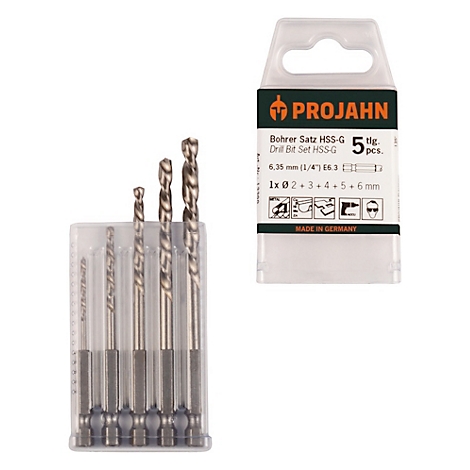 Bohrer-Set der Marke Projahn. Fünf Bohrer in einer Plastikverpackung, Beschriftung auf Deutsch und Englisch. "Made in Germany".