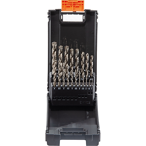 Bohrer-Set in schwarzer Box. Geöffnet mit Bohrer unterschiedlicher Größe, nummeriert.