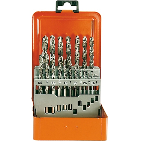 Bohrer-Set in orangefarbener Metallbox, Bohrer stehen in Halterung. Größen sind markiert.
