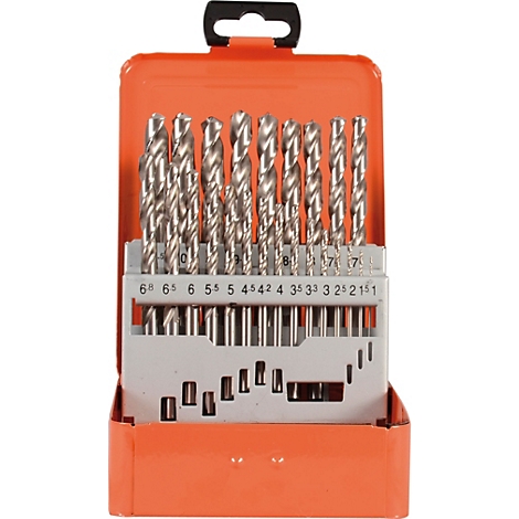 Bohrer-Set in orangefarbener Metallbox, Bohrer sind aus Metall, Größe in mm aufgedruckt.