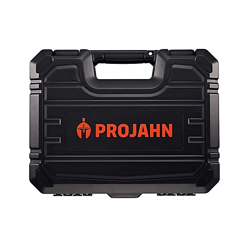 Schwarzer Werkzeugkoffer aus Kunststoff mit orangefarbenem Projahn-Logo.