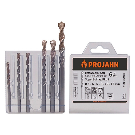 Sechs Betonbohrer in transparentem Plastikbehälter. Daneben eine Verpackung mit Logo und Produktinformationen.