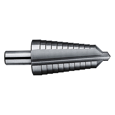 Eine Metall-Stufenbohrer-Spitze. Der Schaft geht in eine stufige, konische Spitze über.