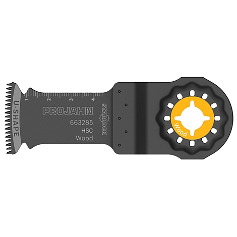 Metall-Sägeblatt. Graue Farbe mit gelbem Mittelteil und Text: PROJAHN, Wood, 663285.