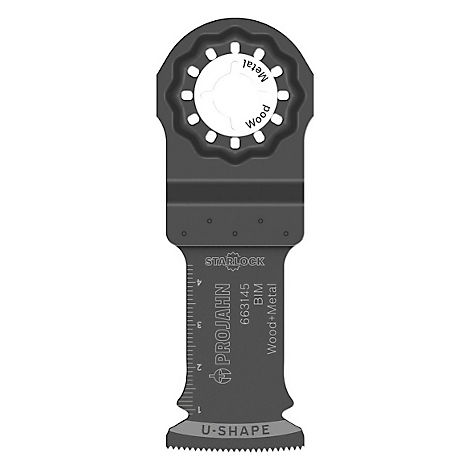 Metall- und Holzsägeblatt mit runden Löchern und Schriftzügen, darunter "Wood+Metal" und "U-Shape".