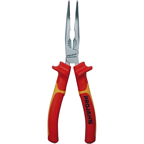 Nahaufnahme einer Spitzzange. Die Zange hat rote und gelbe Griffe und silberne Spitzen. Der Schriftzug "PROJAHN" ist auf den Griffen zu sehen.