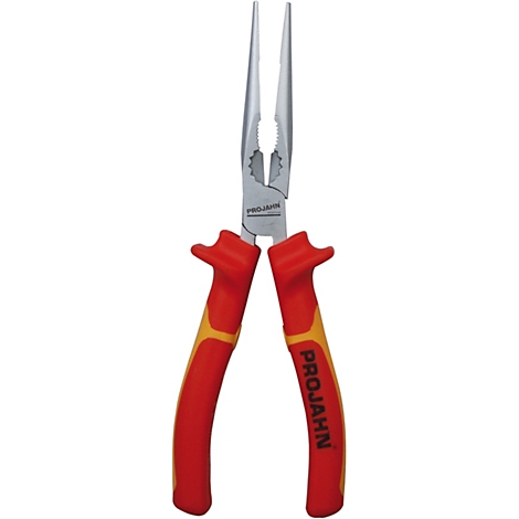 Nahaufnahme einer Spitzzange mit roten und gelben Griffen. Der Schriftzug "PRO JAHN" ist lesbar.
