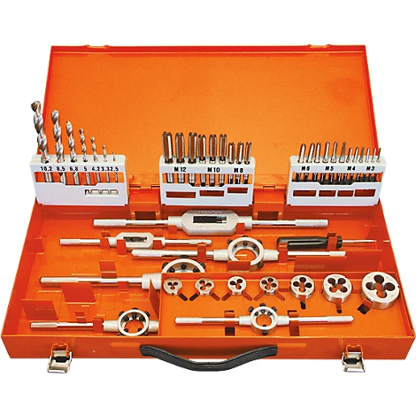 Toolbox with taps and drills. The tools are arranged in an orange case.