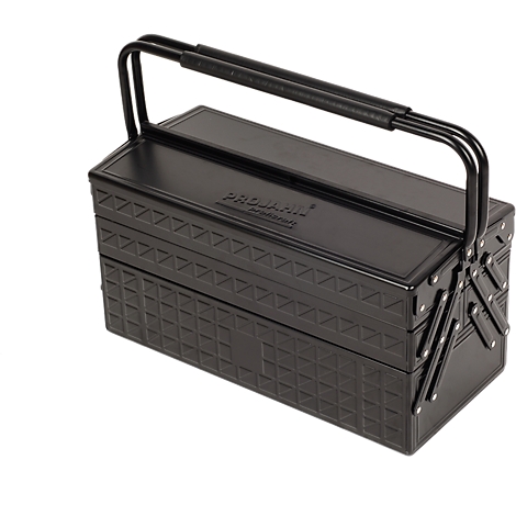 Black toolbox with handle. The box has compartments and the word "PROXXON" is engraved.