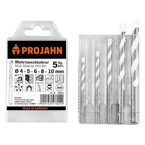 Set multi-materiaal boor in verpakking. Boren rechts, verpakking met productinformatie links.