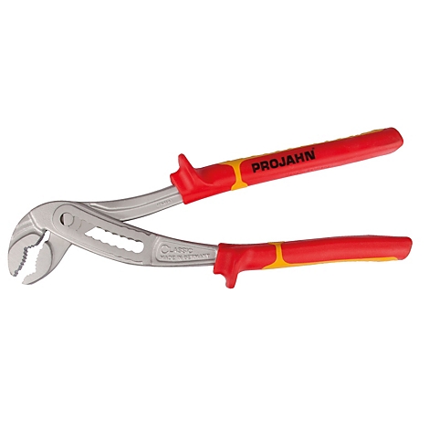 Waterpomptang met rode handgrepen en gele accenten.