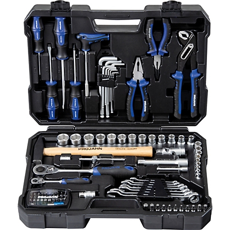 Schwarzer Werkzeugkoffer mit blau-silbernen Werkzeugen: Schraubenzieher, Zangen, Schraubenschlüssel und mehr.