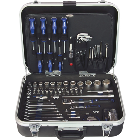 Werkzeugkoffer mit Schraubenziehern, Steckschlüsseln und weiterem Werkzeug. Geöffnet, Werkzeug übersichtlich angeordnet.