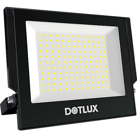Projecteur LED noir. La face avant porte l'inscription DOTLUX. Des centaines de petites LED jaunes illuminent la surface blanche.