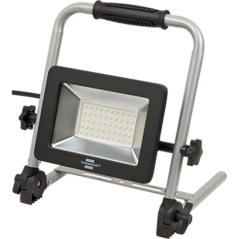 Vue latérale d'une table de travail portable avec un support réglable en métal argenté et un panneau de commande noir.