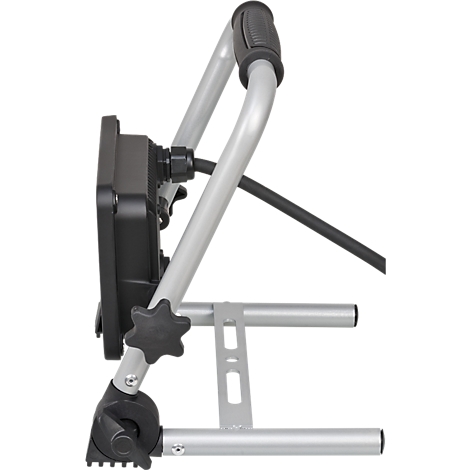 Un projecteur de travail LED portable avec un cadre en argent et un boîtier noir, sur un support stable.