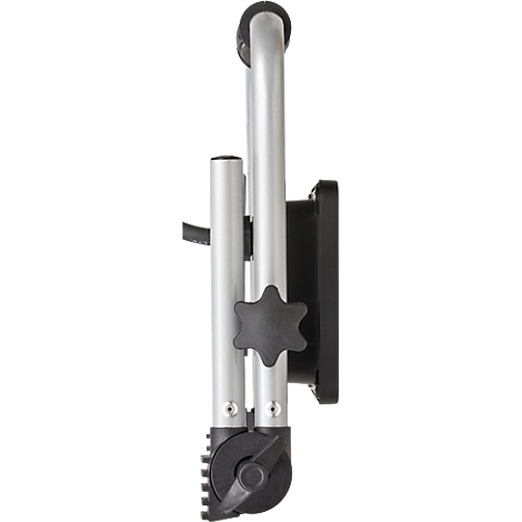 Un mécanisme pliable en argent, composé de deux tubes avec un verrou noir tournant qui sécurise le mécanisme.