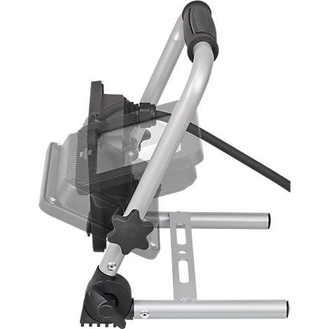 Vue en détail d'une poignée réglable d'un appareil, avec un cadre métallique stable et un bord en caoutchouc.