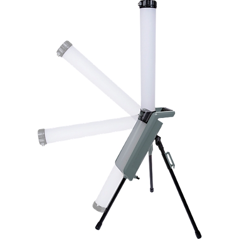 Lampe trépied avec trois éléments lumineux, prenant différentes positions.