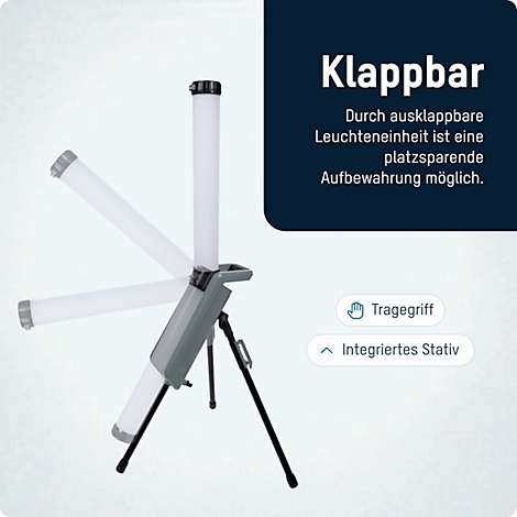Une lampe LED pliable sur un trépied. En haut, "Pliable", en dessous, un texte sur le rangement peu encombrant.