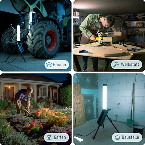Quatre images montrent des scènes avec une lampe LED : garage avec tracteur, atelier avec artisan, jardin avec homme, chantier avec pelle.