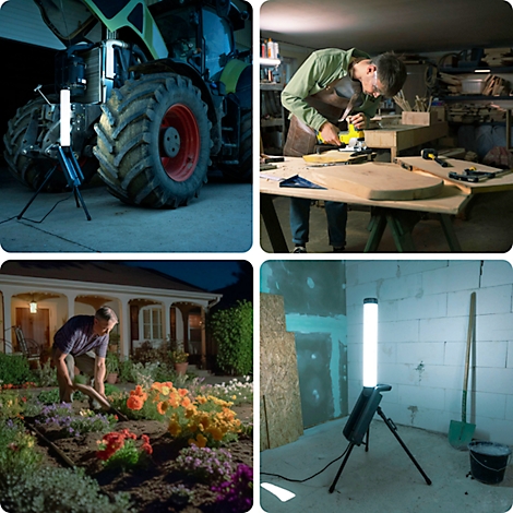 Quatre images montrent les utilisations d'une lampe de travail LED lumineuse : tracteur, atelier, jardin, chantier. La lampe est lumineuse et pratique.