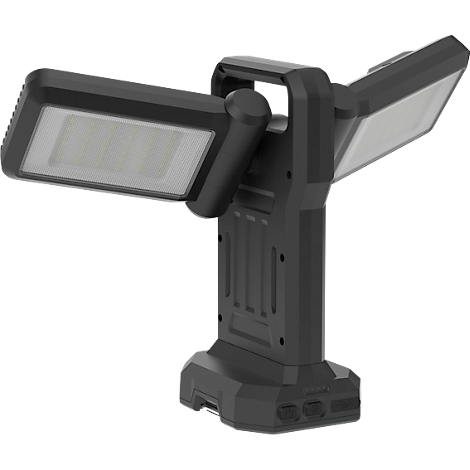 Lampe de travail LED noire avec deux panneaux lumineux pliables, poignée et base.