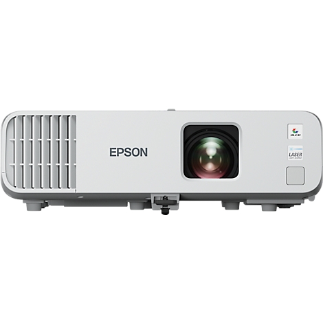 Projecteur Epson blanc. Il comporte un objectif, le logo et l'inscription "Laser" sur le devant.