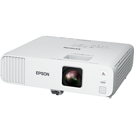 Projecteur Epson blanc avec objectif et ventilateur. Inscription Epson, Laser.
