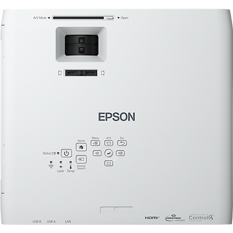 Projecteur Epson blanc vu de dessus, montrant les commandes, les lentilles et les ports HDMI.