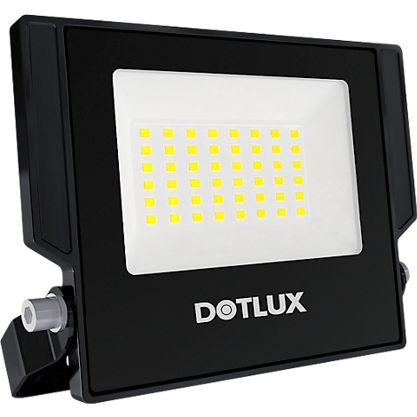 Projecteur LED noir avec un champ lumineux blanc et des LED jaunes, avec "DOTLUX" en dessous.