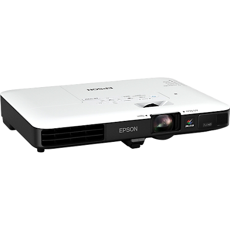 Projecteur Epson blanc. Base noire. Objectif en focus. Inscription EPSON.