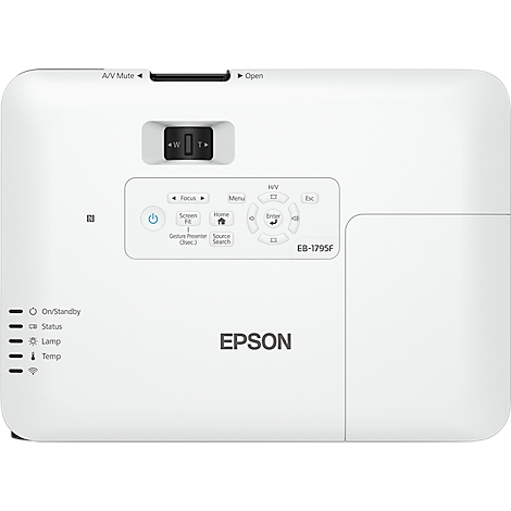 Projecteur Epson blanc, vue de dessus. Boutons, indicateurs, lettrage "Epson".