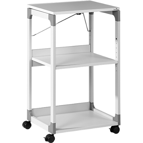 White, rolling serving cart with three levels. Black wheels, grey corner connectors and a foldable top shelf.