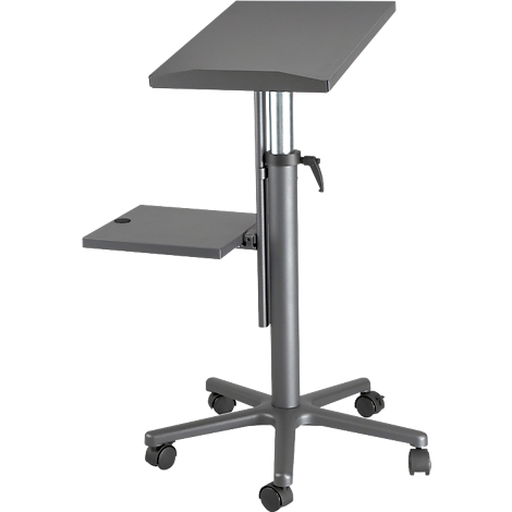 Gray lectern on wheels. A slanted shelf on top, a smaller horizontal shelf below.
