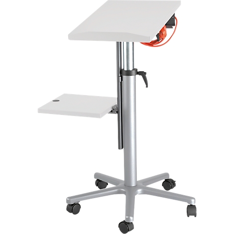 A white, height-adjustable presentation cart, with two shelves. It has a silver frame and is equipped with castors.
