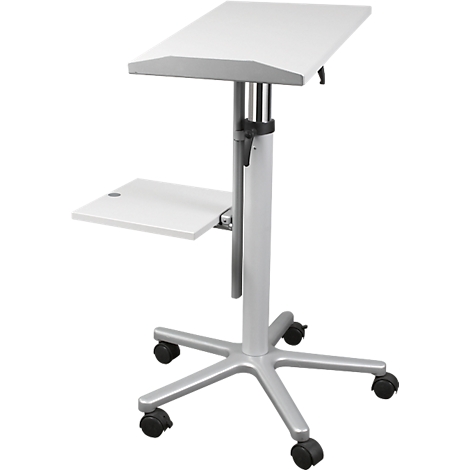 White, height-adjustable lectern cart with two shelves. On wheels.