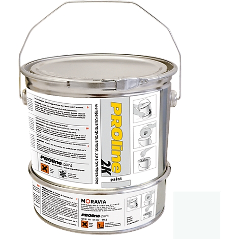 Silver paint bucket with handle, yellow text "PROline 2K paint" on white background, next to it pictograms.