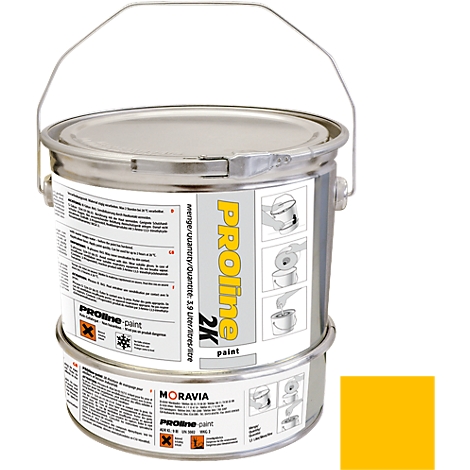 A yellow paint bucket labeled Proline, with a swatch of the same color.