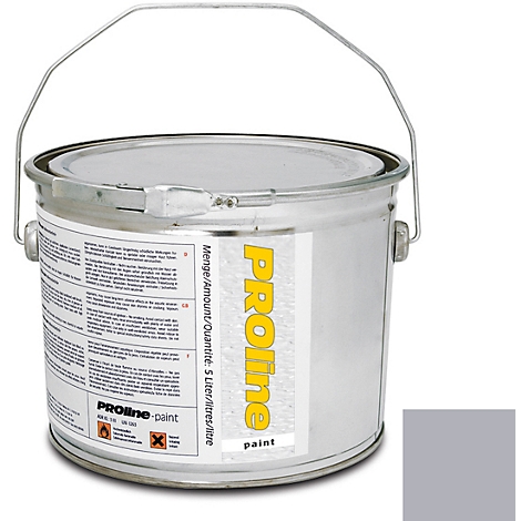 Paint bucket with silver handle and PROline lettering, next to it a color sample in gray.