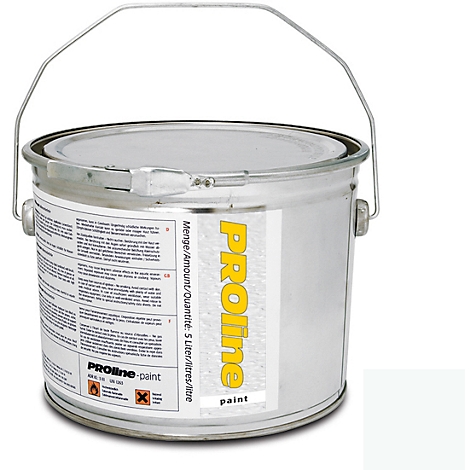 A silver paint bucket with handle. The label says: PROline, 5 liters, and PROline-paint.