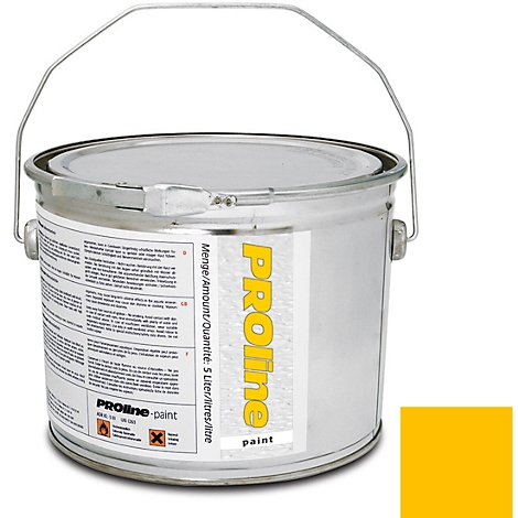Yellow paint bucket with handle. Sticker with the lettering PROline, quantity 5 liters. Color sample on the right.