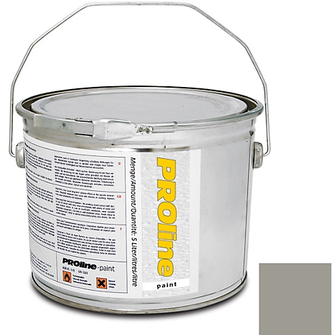 Metal paint bucket with handle. Inscription: PROline-paint, color: grey. Color sample at the bottom right.