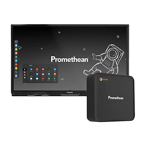 Ein schwarzes Promethean-Whiteboard mit einem Astronauten-Doodle. Daneben ein schwarzes Chrome-GerÃ¤t.